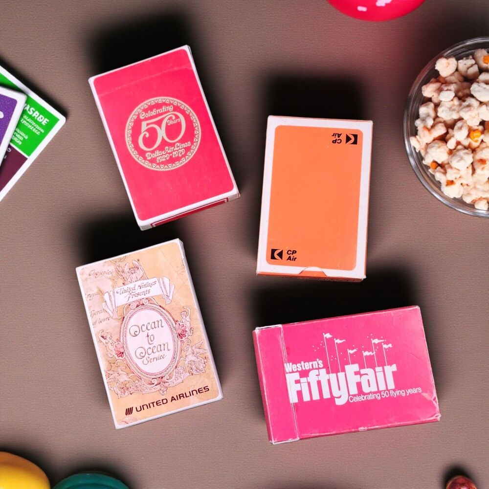 Lot 4 Vintage Airline Playing Cards Delta 50th, United, Western, CP Air Retro